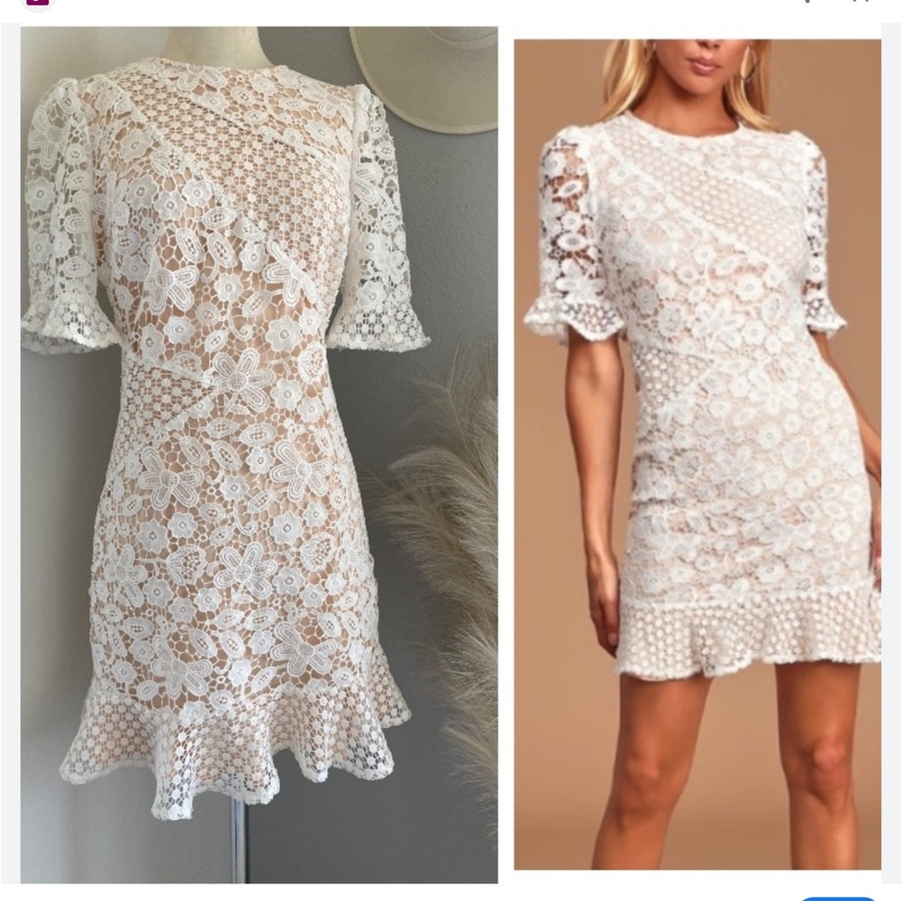 Lulus NWT Woman’s White Lace Floral & Tan Midi Dress. Size Medium.